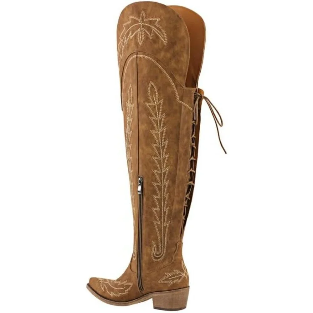 Women Brown Synthetic Cowgirl Thigh High Wide Calf Embroidered Western Boots